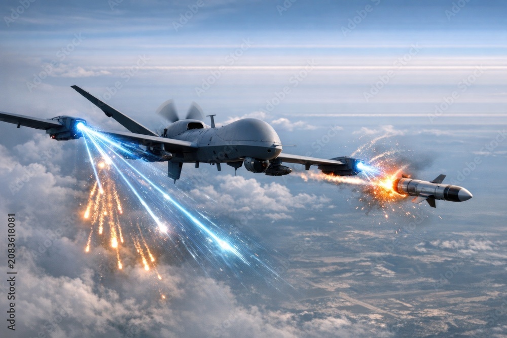 Fototapeta premium A military aircraft dropping ordnance, suitable for illustrations of conflict or warfare