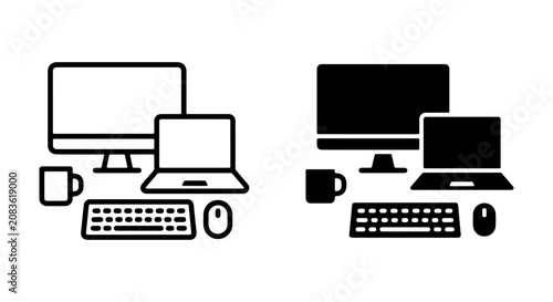 Modern Computer Setup Icons, Desktop and Laptop, Keyboard, Mouse, and Coffee Mug, Minimalist Technology Icons