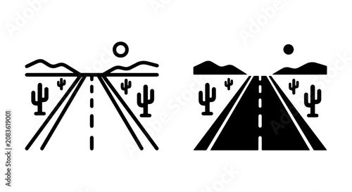 Desert Highway Icons, Road Journey Vector Graphics, Cactus Landscape Symbols, Sun Horizon Art