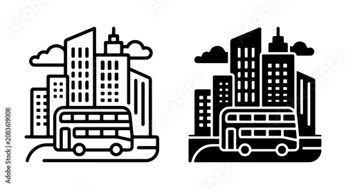 Urban Cityscape Icons: Double Decker Bus and Skyscrapers, Modern Vector Graphics for City Life and Transport Themes