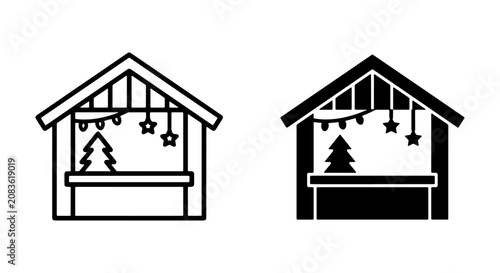 Christmas Market Stall Icons, Festive Holiday Booth Vector Graphics, Winter Celebration Stand Illustrations