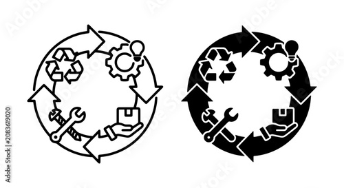 Circular Process Icons: Recycling, Gears, Lightbulb, Hand Holding Box, Wrench, Arrows. Set for Business & Industry Concepts.