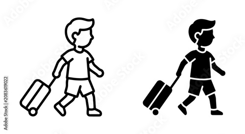 Boy with Suitcase Icons, Child Traveler Silhouette, Luggage Vector Art, Vacation Journey Symbols