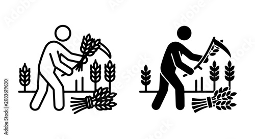 Photos Farmer Harvesting Wheat Icon Set, Agricultural Laborer with Scythe, Rural Field
