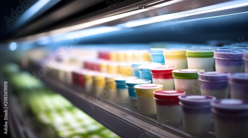 Supermarket refrigerated display shelves filled with variety of plastic yogurt cups in the dairy aisle
