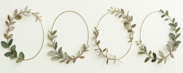 Four oval frames adorned with green leaves and branches. These delicate floral borders are perfect for wedding invitations, cards, or botanical design templates.