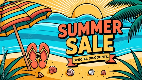 Summer sale vector banner design. Summer sale text with special offer up to 50 % off discount promotion. Vector illustration summer sale promo.