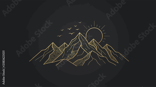 Mountain Range With Birds And Sun Golden Line Art Silhouette