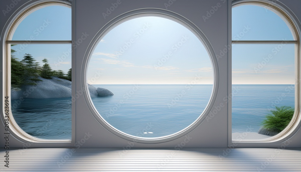 Fototapeta premium white background with a circular window a sea view a simple style 3d rendering