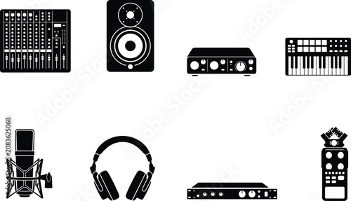 Photos Professional Audio Production Equipment Silhouette Set Featuring Mixing Console