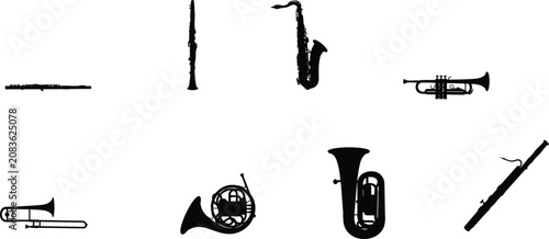 Photos Orchestral Wind Instrument Silhouette Set Featuring Flute Clarinet Saxophone Tru