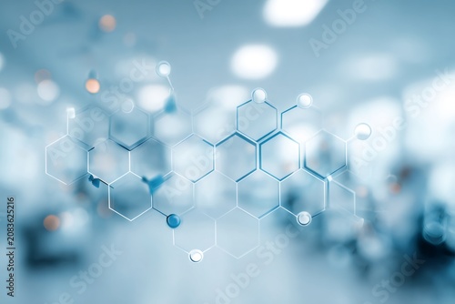 Abstract medical technology background with a hexagonal molecular structure. Scientific and healthcare innovation concept. Futuristic blue banner for research and biotechnology