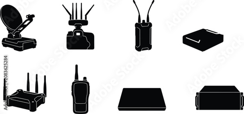 Tableau sur toile Wireless Communication Equipment Black Silhouette Icon Set Featuring Satellite D