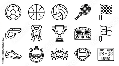 Various sports icons and symbols are displayed together on a white background.