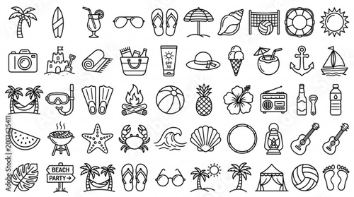 A collection of various beach icons and objects on a white background