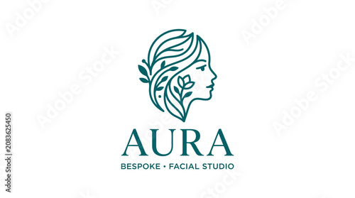 Fotografie Woman profile with leaf hair facial studio logo.