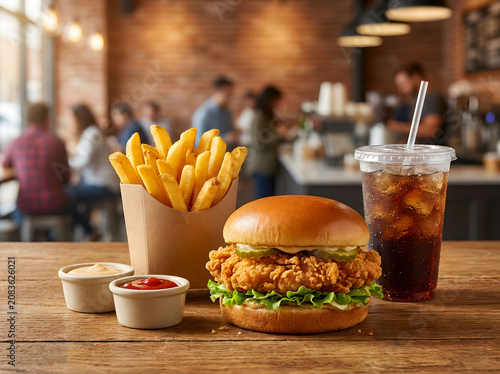Crispy Chicken Sandwich Combo with French Fries and Iced Cola Soda in Busy Restaurant Setting