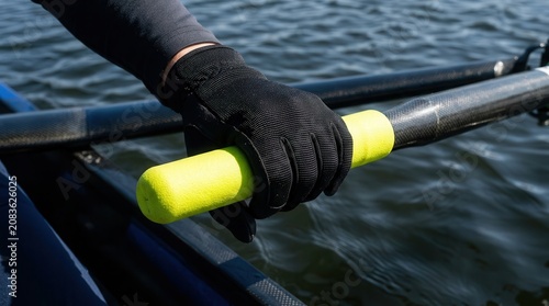 Hand gripping a bright yellow rowing oar handle with black gloves, water surface visible in the background, showcasing a close-up of rowing equipment