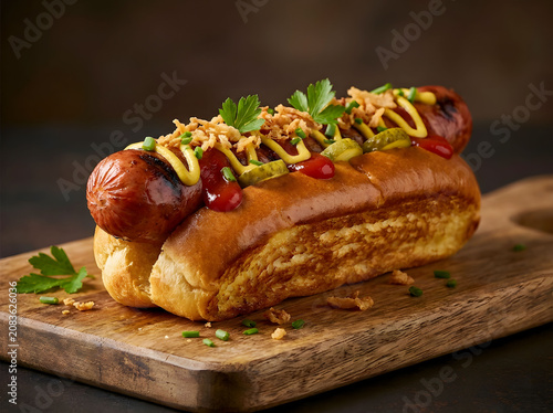 Gourmet Grilled Hot Dog with Mustard Ketchup Crispy Onions and Pickles on Brioche Bun Board