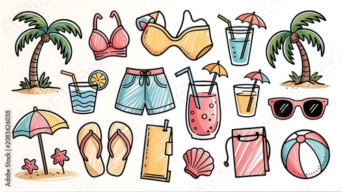 Flat vector illustration set of hot summer beach elements including surfboard umbrella swimsuit palm tree sunglasses cocktails flip flops and tropical monstera leaves.
