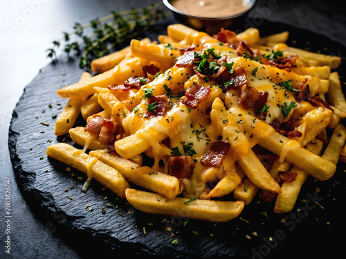  Loaded Cheese Fries with Crispy Bacon Melted Cheddar and Fresh Parsley on Black Slate Board