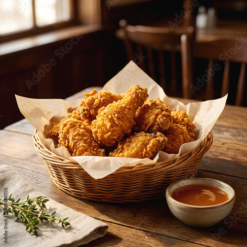 Golden Crispy Fried Chicken in Wicker Basket with Honey Dipping Sauce on Rustic Wooden Table