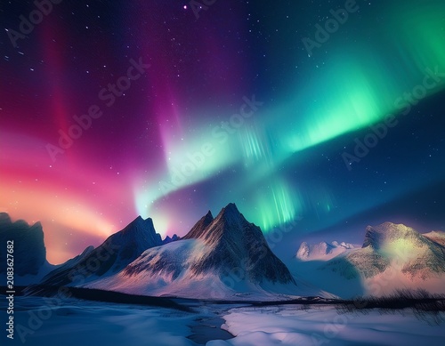 northern lights scene with colorful lights mountains wide angle