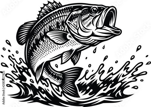 Black and white bass fish jumping out of water illustration