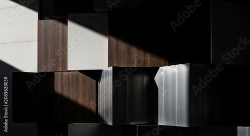 Abstract geometric wooden and metallic architectural blocks.