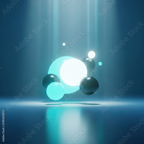 Abstract glowing blue spheres floating in dark space.