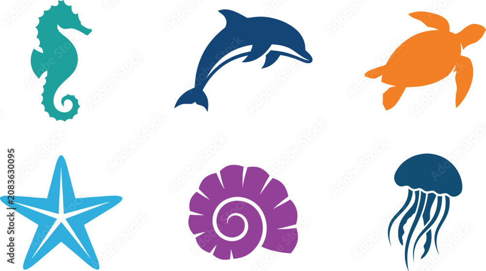 Obraz premium Colorful set of marine life icons and sea animals