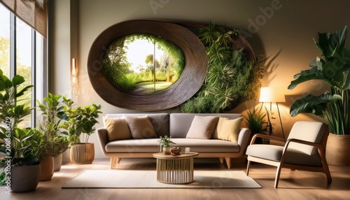 cozy living room featuring an infinity mirror framed with lush green plants and warm interior lighting