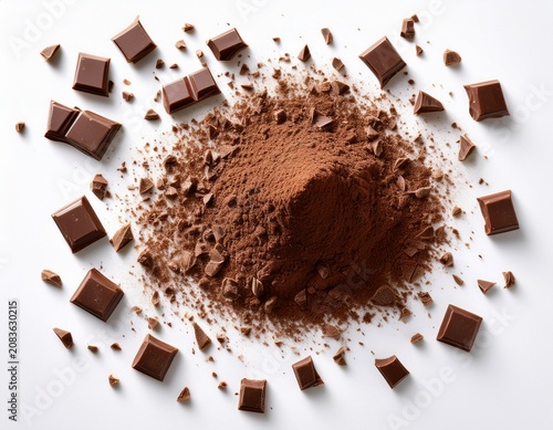 overhead view of scattered rich brown chocolate crumbs on a clean white surface with occasional dark specks