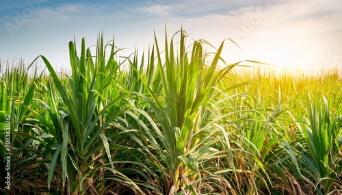 close up of vibrant green sugarcane plants with strong tall stalks illuminated by soft sunlight in lush field background scene