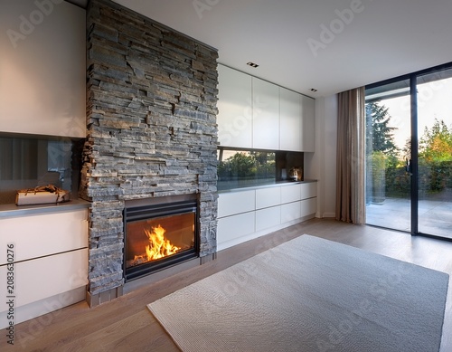 modern fireplace surround design featuring sleek clean lines and integrated display niches around central stone or gas stove