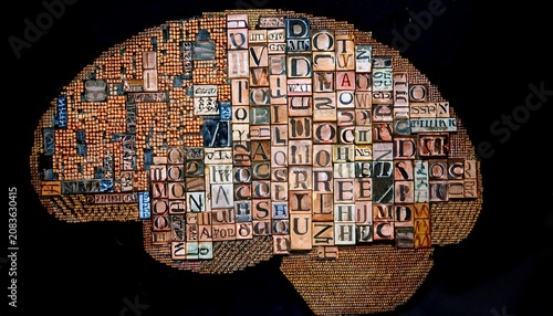brain hemisphere texture with vintage typography mosaic close up