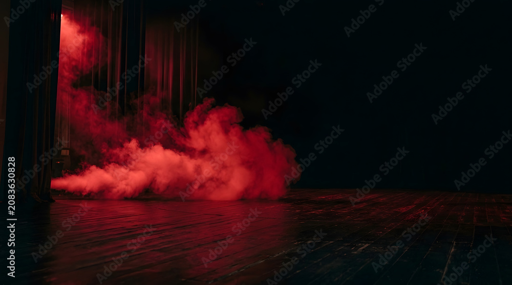 Fototapeta premium Dramatic Empty Stage with Mysterious Red Smoke and Fog Effect | Dark Theater Interior with Wooden Floor and Red Curtains | Cinematic Performance Background for Concerts or Mystery | Artistic Lighting