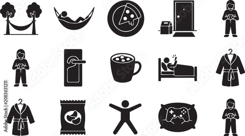 Foto Black icons, relaxation symbols, leisure activities, vector set of 13