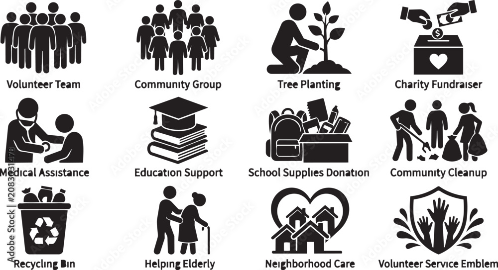 Fototapeta premium Community Service Icons, Volunteer Vector Set, 10 Charity Symbols, Social Care Illustrations