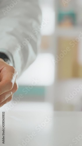 A pharmacist in a pharmacy holds an electronic scanner, dispensing medications at a checkout counter in slow motion, while a medical worker assists, maintaining communication during the process