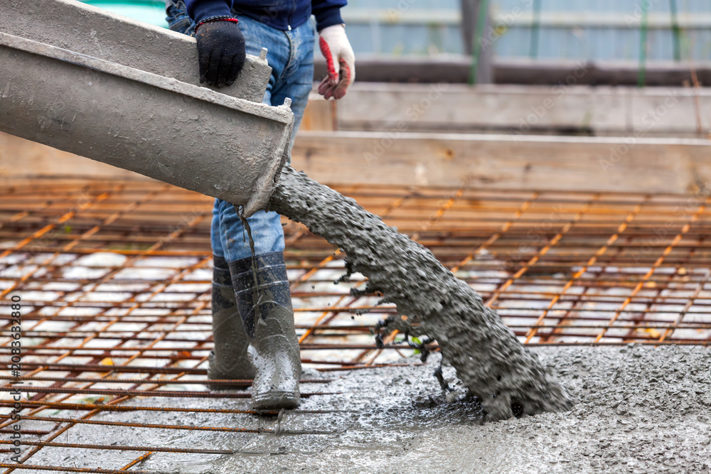 Fototapeta premium Closeup shot of concrete casting on reinforcing metal bars of floor in industrial construction site
