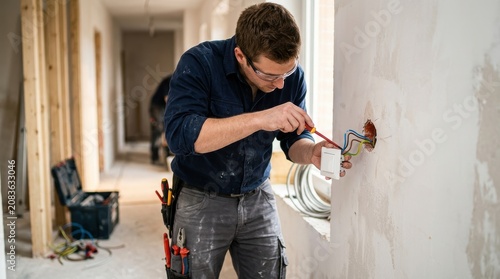 A professional electrician installing a light switch on an interior wall during a home renovation or new construction project.