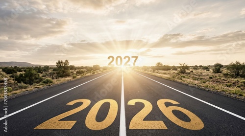 Road to New Year 2027 with Sunrise Concept, Highway Journey from 2026 to 2027 with Sun Flare and Future Vision