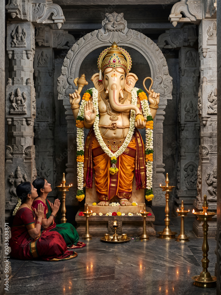 Obraz premium Lord Ganesha Devotional Artwork with Traditional Temple Architecture, Ganesha Divine Statue