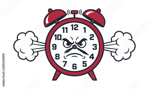 Furious red vintage alarm clock cartoon character with steam puffing and ringing bells. Retro mascot showing 8 o'clock with angry expression.