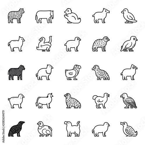 Animal icon collection, black and white vector symbols