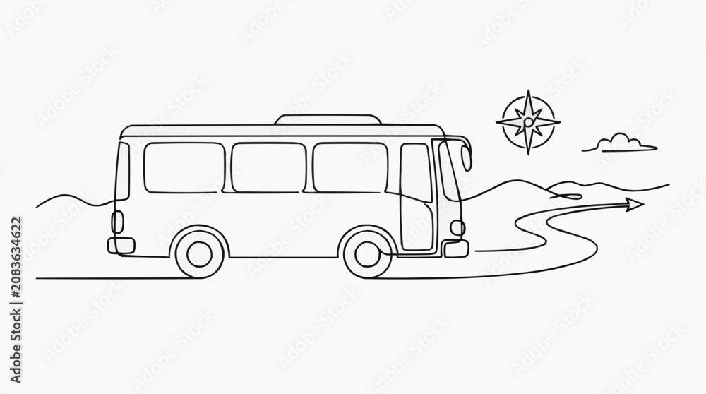 Obraz premium Bus trip on a winding road with a compass for the concept of adventure and travel.
