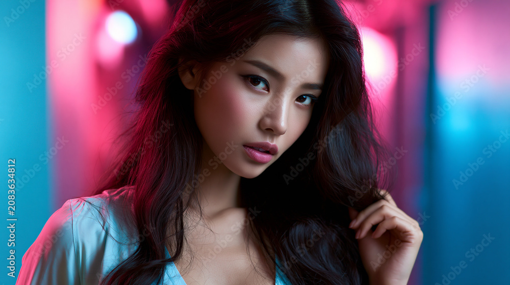 Fototapeta premium beautiful korean fashion model with vibrant pastel background, flawless korean beauty portrait with elegant styling, confident asian model in colorful studio portrait
