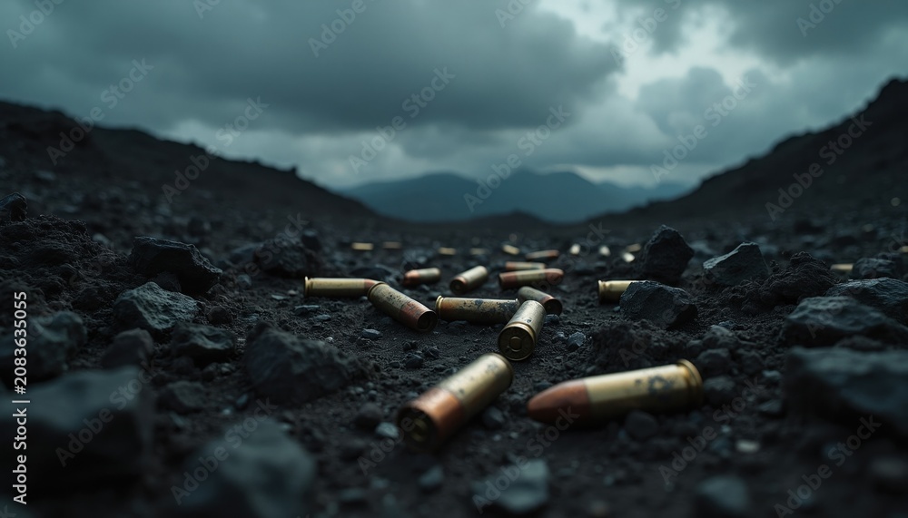 Fototapeta premium Scattered bullet shells lie on dark rocky ground with distant mountains under a cloudy sky. The harsh terrain suggests aftermath of conflict or violence.
