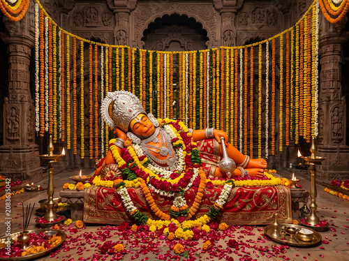 Hyper Realistic Hanuman Ji Devotional Artwork with Traditional Temple Architecture